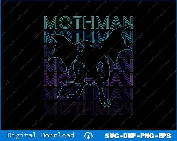 Mothman silhouette with colorful text on a black background