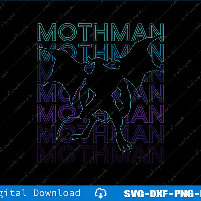 Mothman silhouette with colorful text on a black background