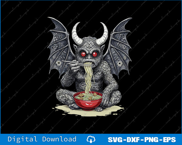 Devil-like creature eating noodles with chopsticks from a bowl on a black background
