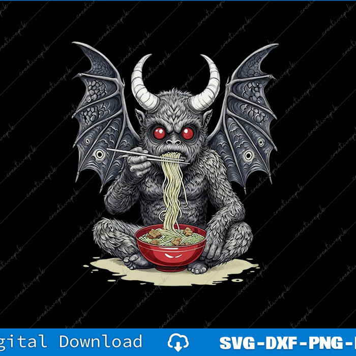Devil-like creature eating noodles with chopsticks from a bowl on a black background