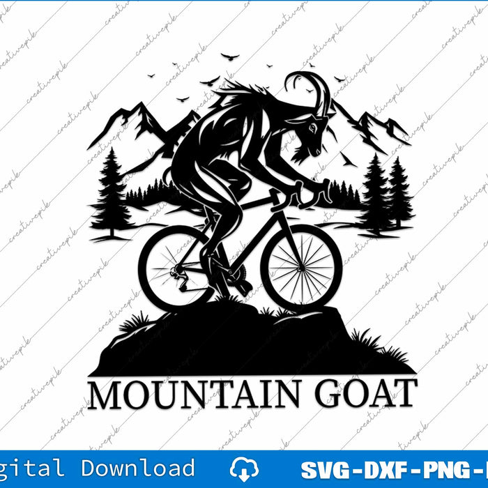 Mountain goat riding a bicycle with mountains and trees in the background, labeled 'Mountain Goat'.