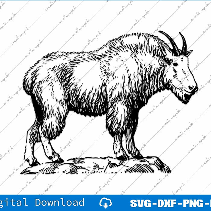 Black and white illustration of a mountain goat on a white background with a digital download banner at the bottom.