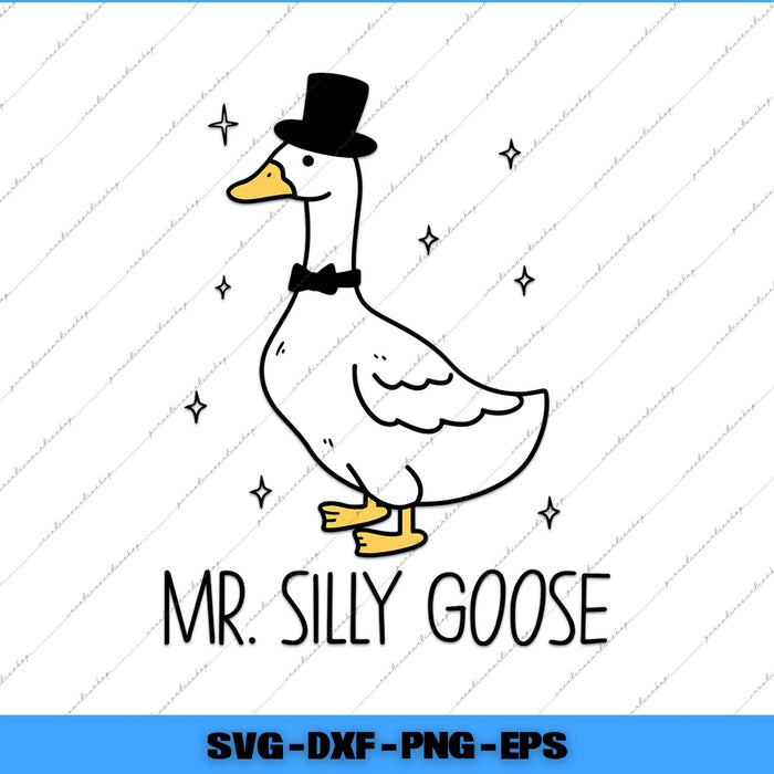 Illustration of a goose wearing a top hat with 'Mr. Silly Goose' text on a white background.