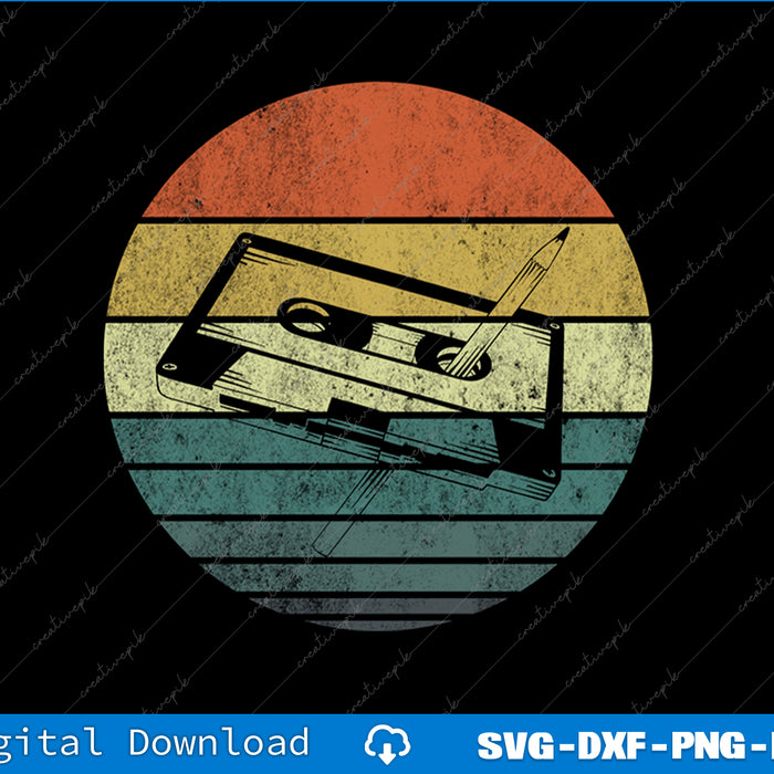 Vintage-style cassette tape design with a colorful sunburst background on a black background.