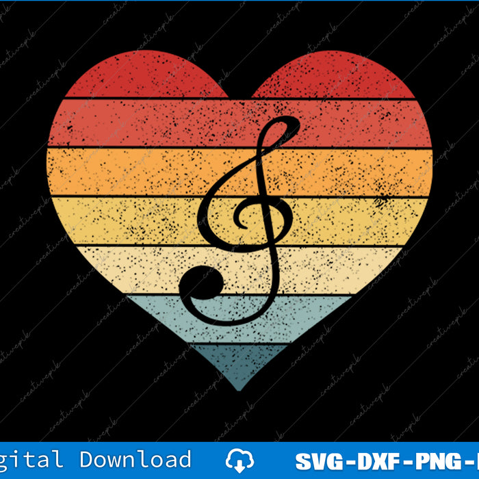 Heart-shaped design with a treble clef symbol on a striped background, available as a digital download.