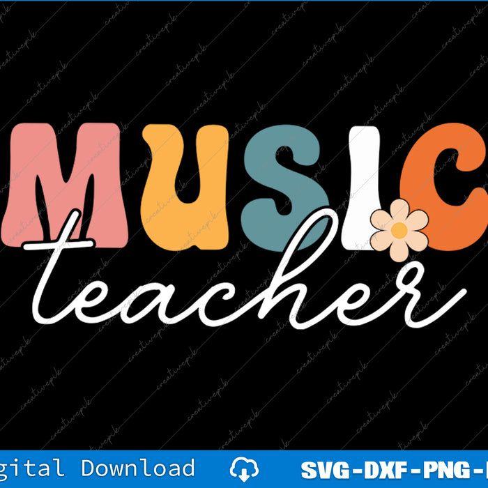 Colorful 'Music Teacher' text with a flower on a black background