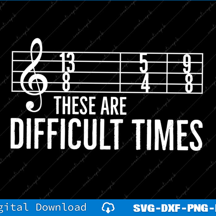 Music staff with clef and text 'These are difficult times' on a black background