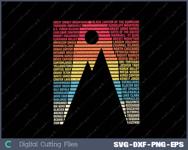 National Parks List Word Vintage Camping Hiking SVG PNG Cutting Printable Files