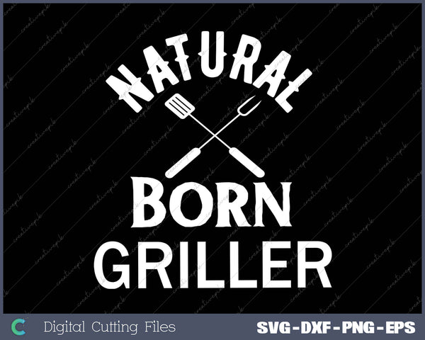 White text 'Natural Born Griller' with crossed spatulas on a black background