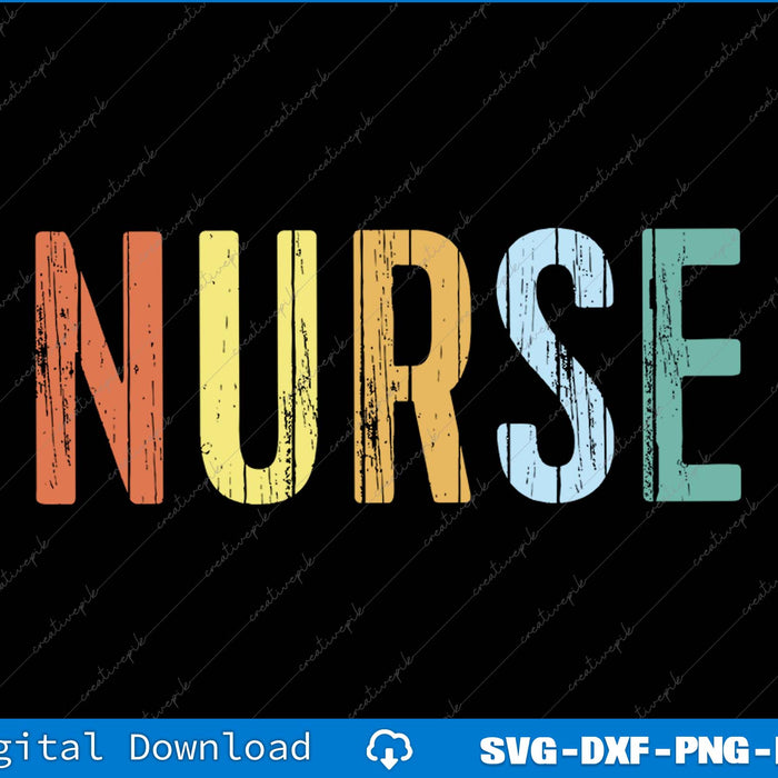 Colorful 'NURSE' text on a black background with digital download options.