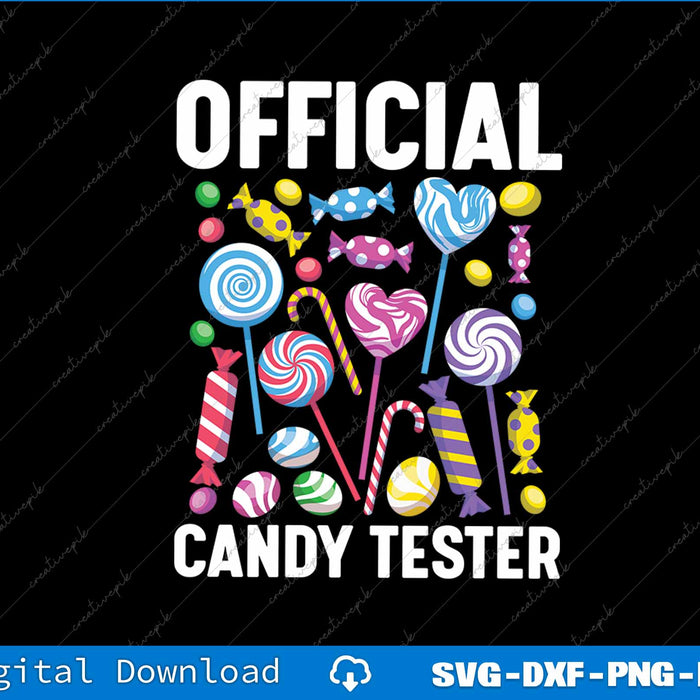 Colorful candy-themed design with 'Official Candy Tester' text on a black background.