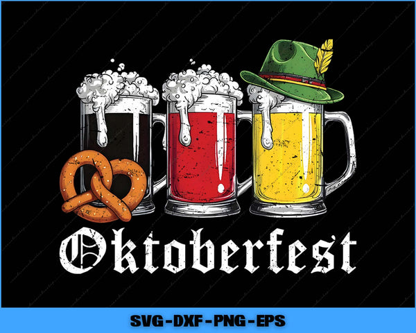 Three mugs of beer with foam, a pretzel, and an Oktoberfest hat on a black background with 'Oktoberfest' text.