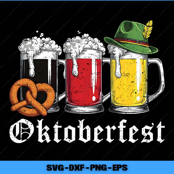 Three mugs of beer with foam, a pretzel, and an Oktoberfest hat on a black background with 'Oktoberfest' text.