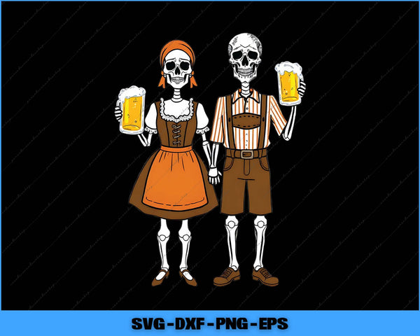 Skeleton couple in traditional German attire holding beers on a black background with file format text at the bottom.
