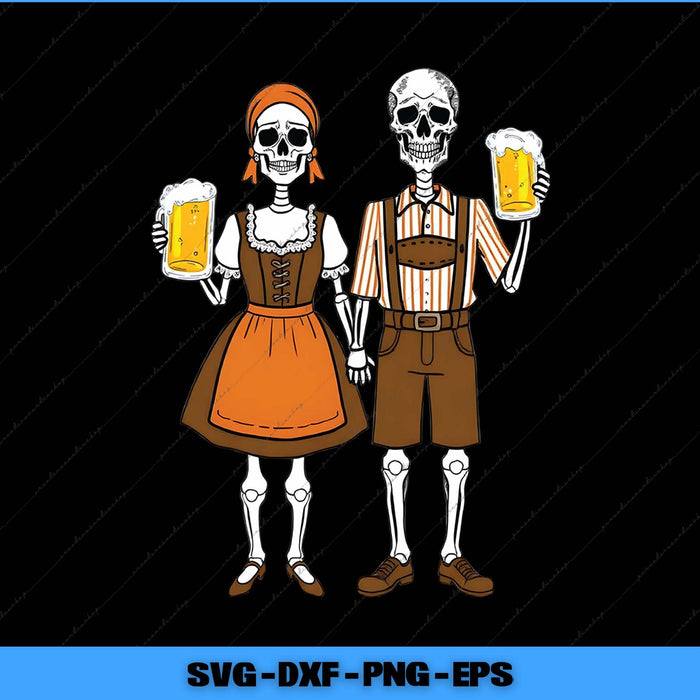 Skeleton couple in traditional German attire holding beers on a black background with file format text at the bottom.