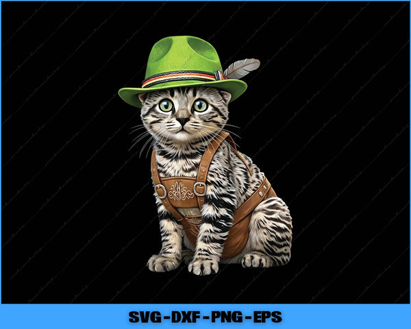 Cat wearing a green hat and brown leather outfit on a black background