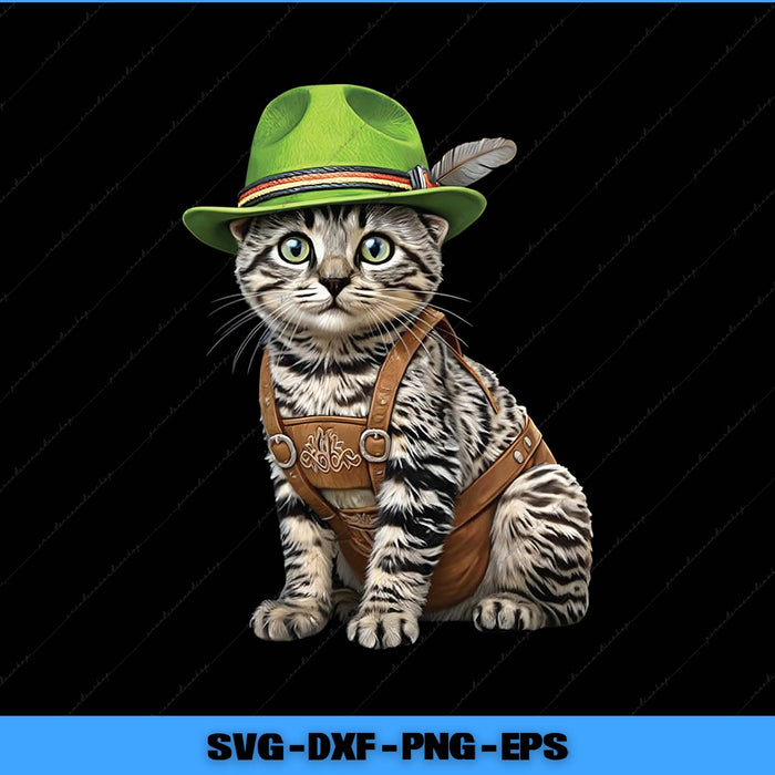 Cat wearing a green hat and brown leather outfit on a black background