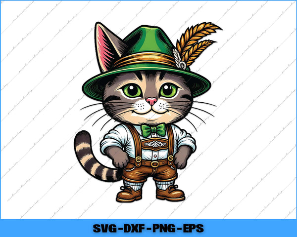 Cat in traditional Bavarian outfit with green hat and brown pants on a white background