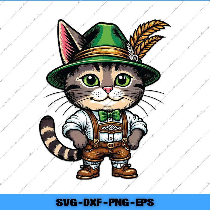 Cat in traditional Bavarian outfit with green hat and brown pants on a white background