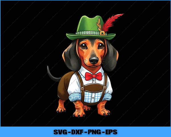 Dog wearing a traditional Bavarian outfit with a green hat and red bow tie on a black background.