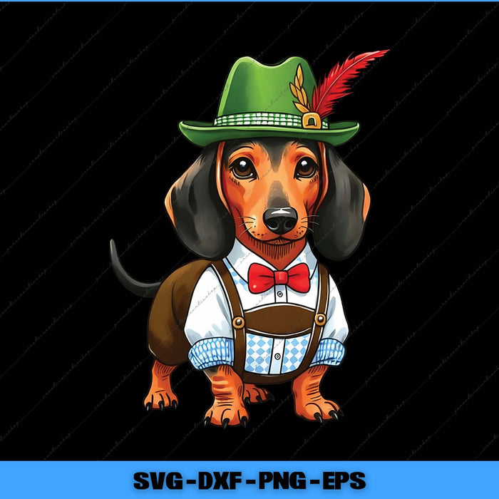 Dog wearing a traditional Bavarian outfit with a green hat and red bow tie on a black background.