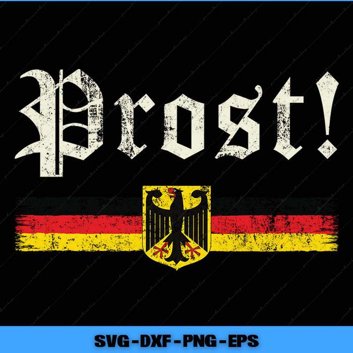 Vintage-style 'Prost!' text with German flag design on a black background