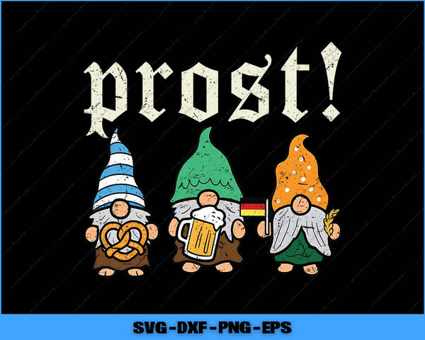 Four gnomes with colorful hats and a 'prost!' text on a black background