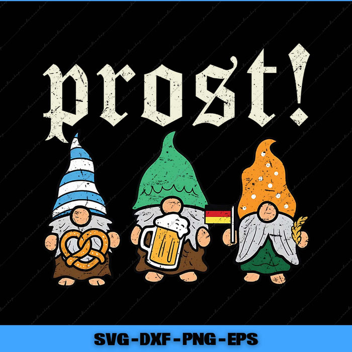 Four gnomes with colorful hats and a 'prost!' text on a black background