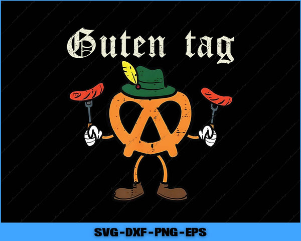 Cartoon pretzel character with a green hat and red shoes on a black background, featuring the text 'Guten tag'.