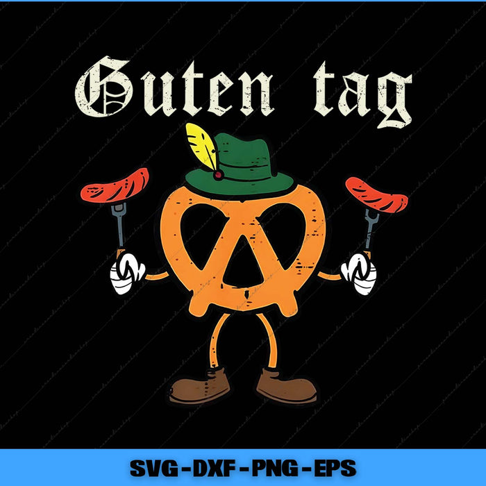 Cartoon pretzel character with a green hat and red shoes on a black background, featuring the text 'Guten tag'.