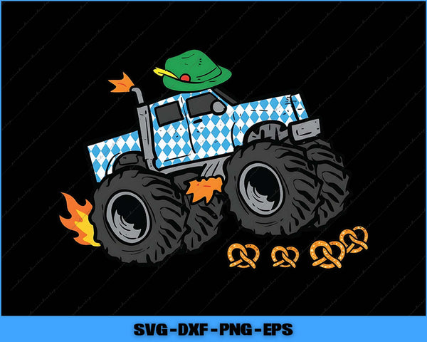 Monster truck with a green hat and pretzels on a black background