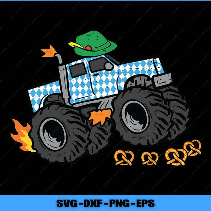 Monster truck with a green hat and pretzels on a black background