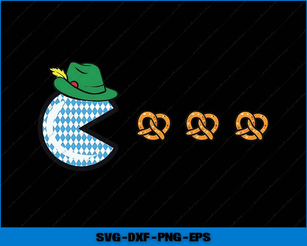 Design with a character wearing a green hat and blue checkered shirt, followed by three pretzels on a black background.