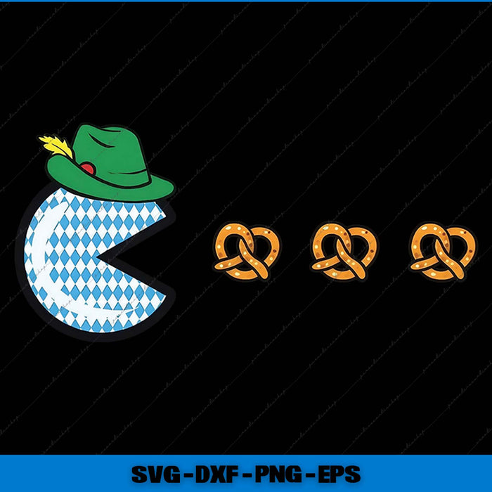 Design with a character wearing a green hat and blue checkered shirt, followed by three pretzels on a black background.