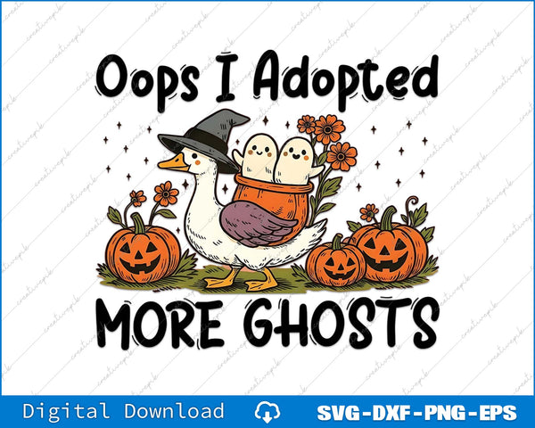 Halloween-themed graphic with a duck and ghosts and text 'Oops I Adopted More Ghosts' on a white background.