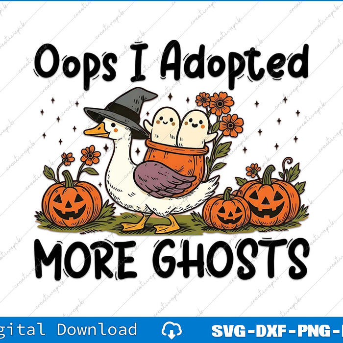 Halloween-themed graphic with a duck and ghosts and text 'Oops I Adopted More Ghosts' on a white background.