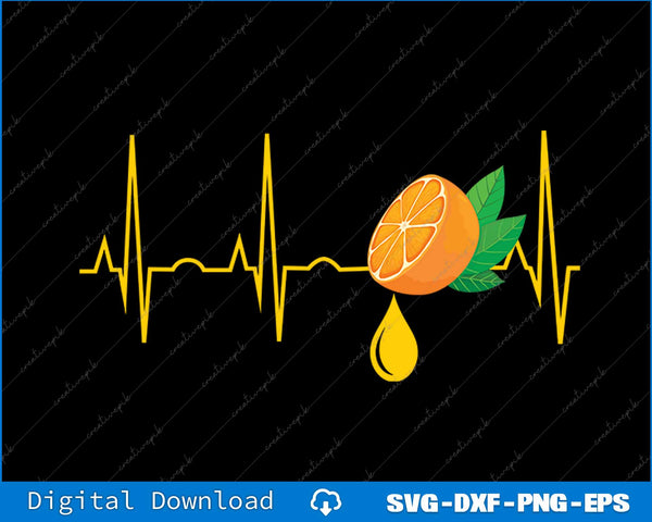 Heartbeat line with an orange and a drop of juice on a black background, digital download options shown.