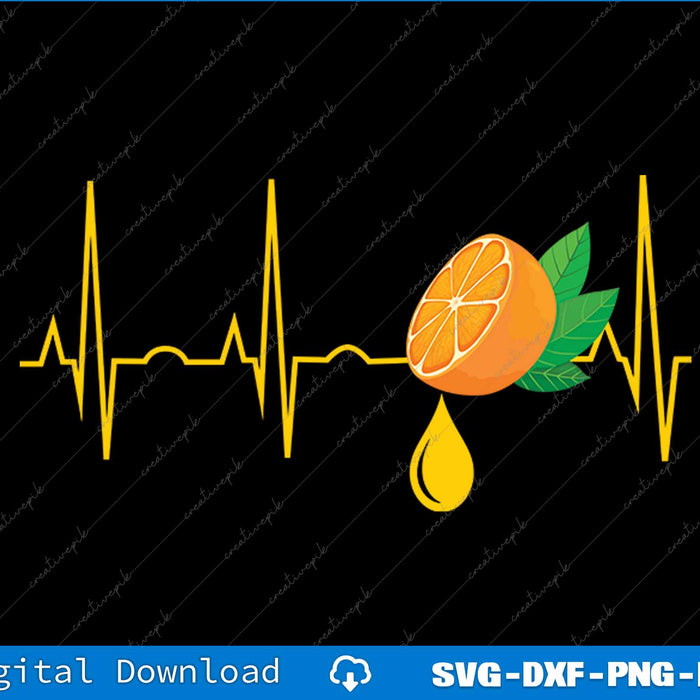 Heartbeat line with an orange and a drop of juice on a black background, digital download options shown.