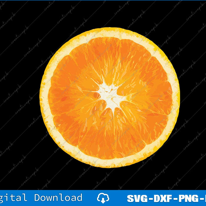 Sliced orange on a black background with digital download text at the bottom.