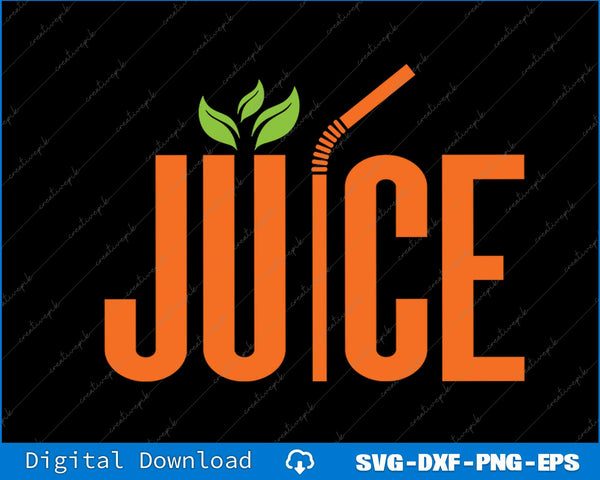 Orange 'JUICE' text with leaves and a straw on a black background, digital download options shown.