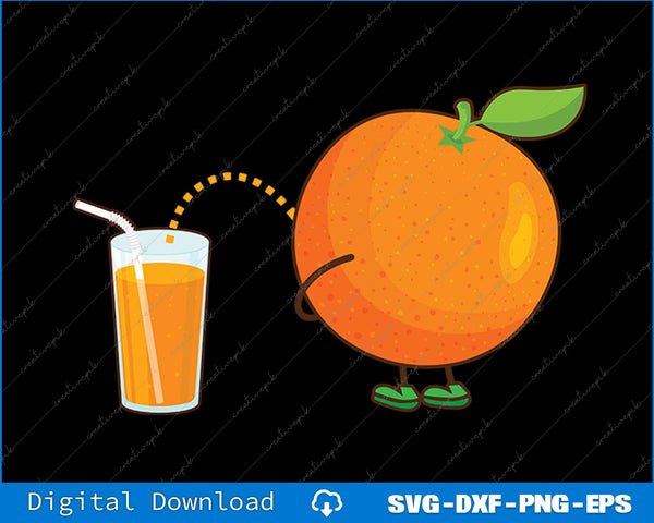 Cartoon orange character with a glass of orange juice on a black background