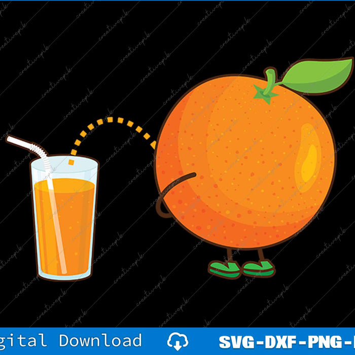 Cartoon orange character with a glass of orange juice on a black background