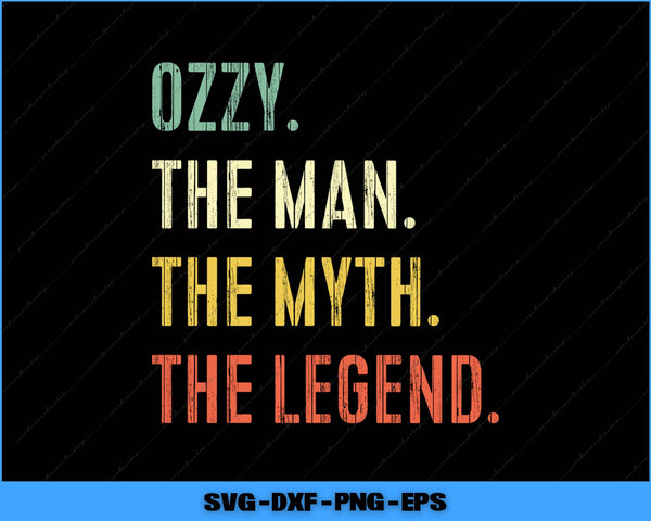 Text 'Ozzy. The Man. The Myth. The Legend.' in different colors on a black background.
