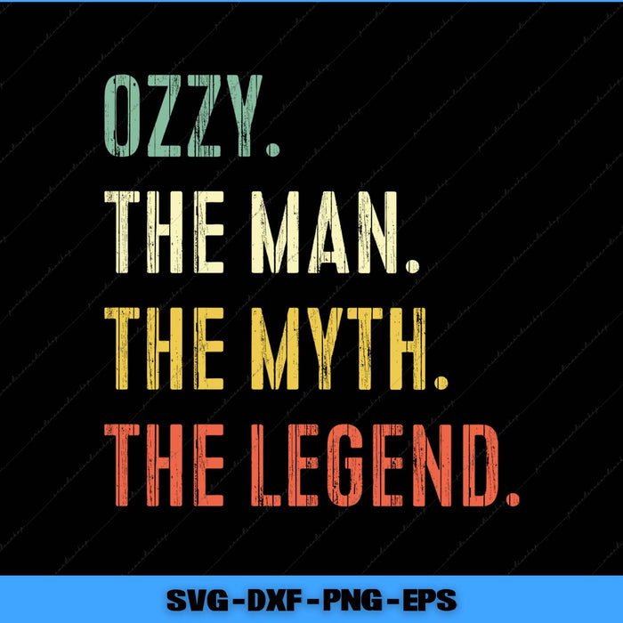 Text 'Ozzy. The Man. The Myth. The Legend.' in different colors on a black background.
