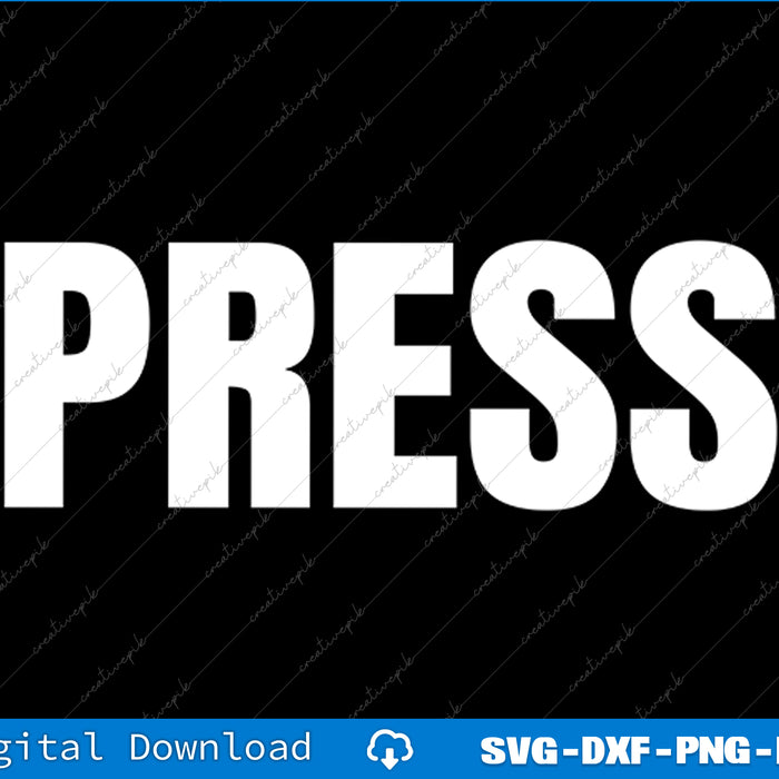 White 'PRESS' text on a black background with digital download options at the bottom.