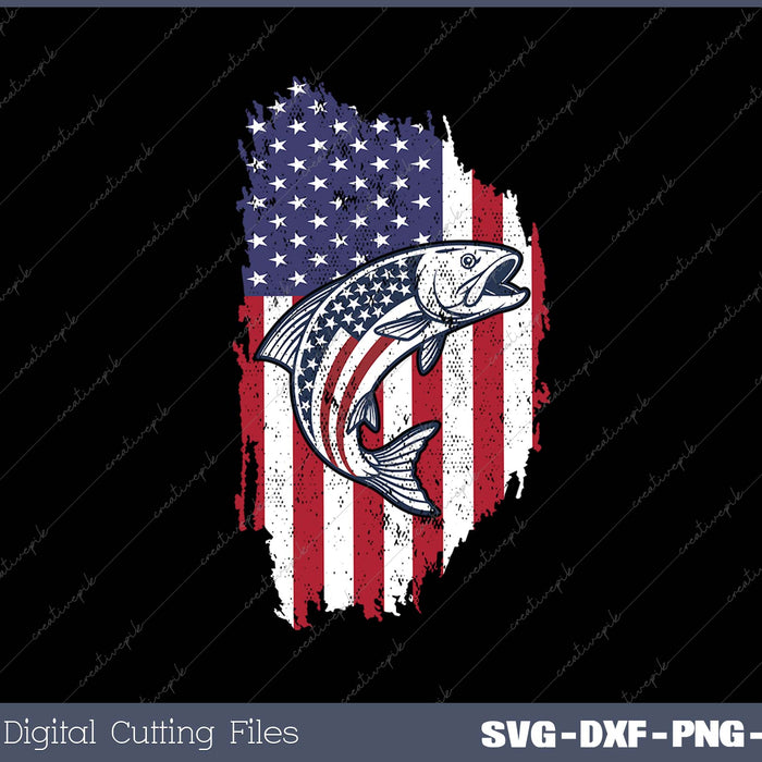 Patriotic Fishing 4th of July Men Amercian Flag Bass Fishing SVG PNG Cutting Printable Files