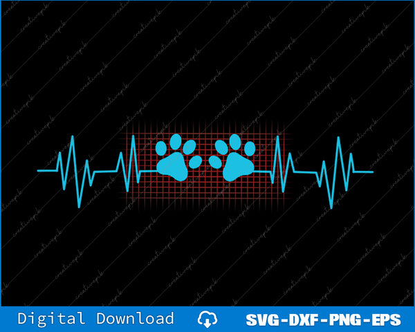 Heartbeat line with paw prints on a black background, suitable for digital download.