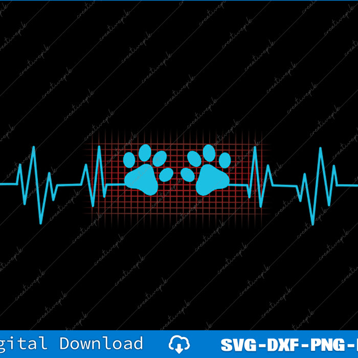 Heartbeat line with paw prints on a black background, suitable for digital download.