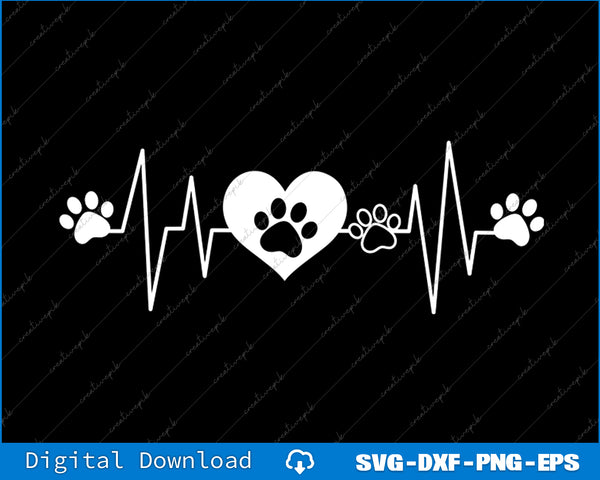 Heartbeat design with paw prints on a black background, suitable for digital download.
