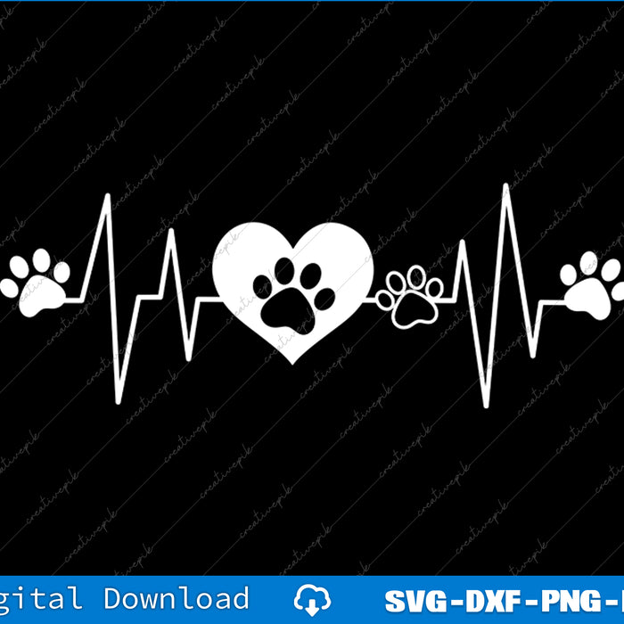 Heartbeat design with paw prints on a black background, suitable for digital download.